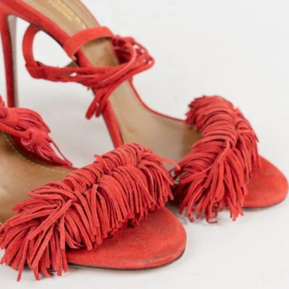 Aquazzura Wild Thing Red Suede Tassel Sandals - Picture 6 of 7
